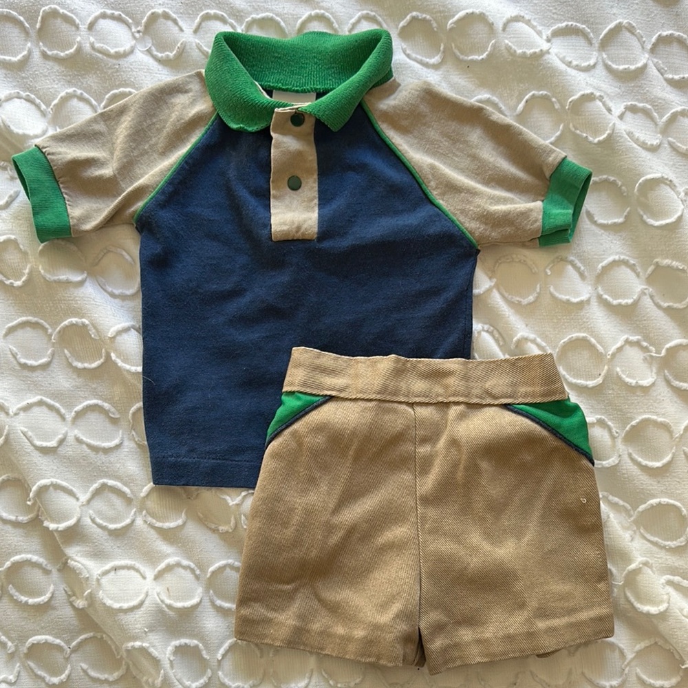 VTG Blue and Tan Polo Shirt and Shorts Set